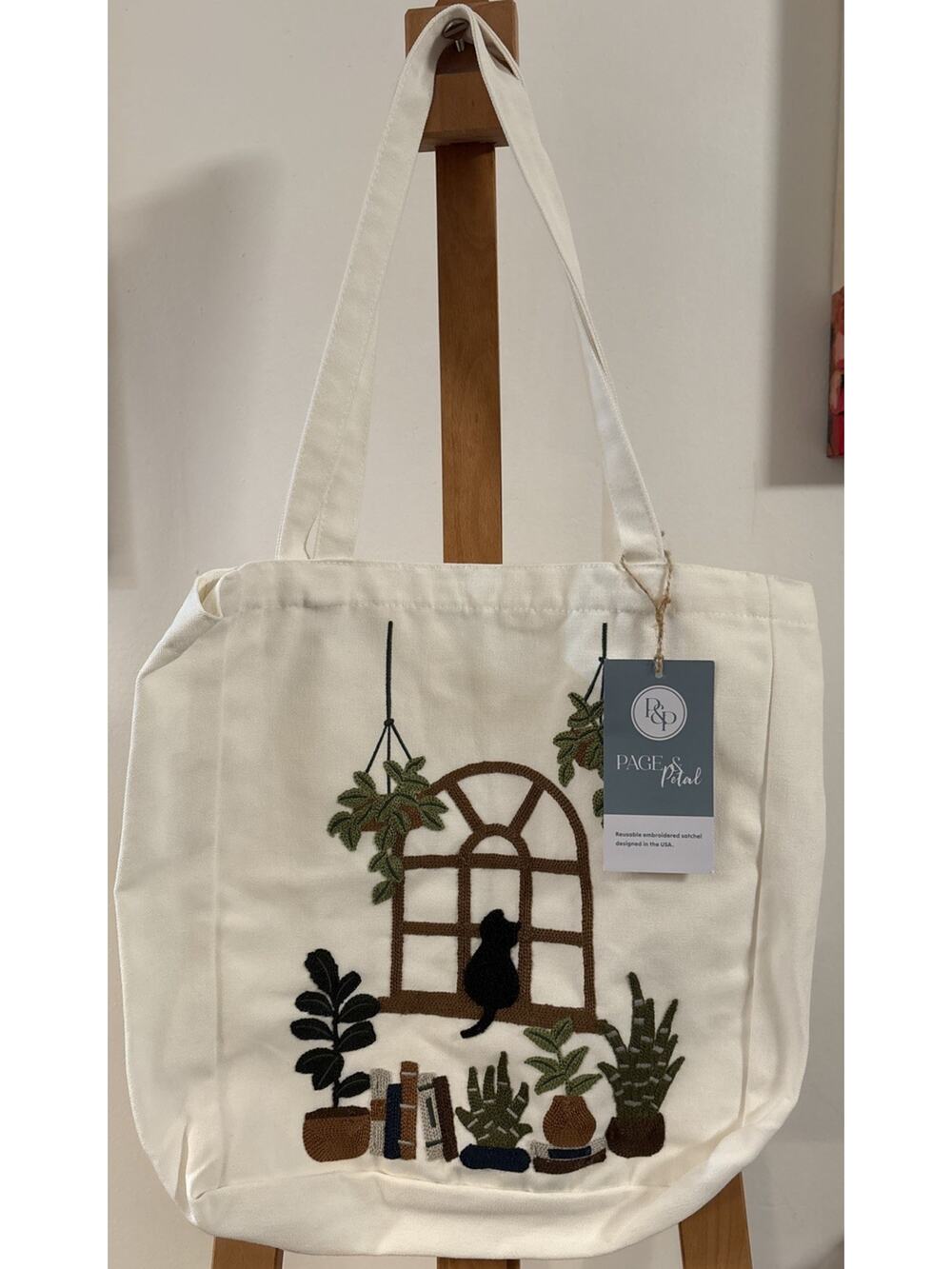 NWT Page & Petal Black Cat In Window Plants Embroidered Canvas Tote Bag Cream